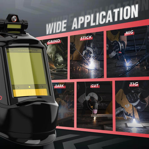 Intelligent Auto Darkening Welding Helmet With Big View Screen LED Digital Filter True Color Solar Powered Shield for MIG TIG Stick Cutting and Grinding displayed with various applications like grind and cut.