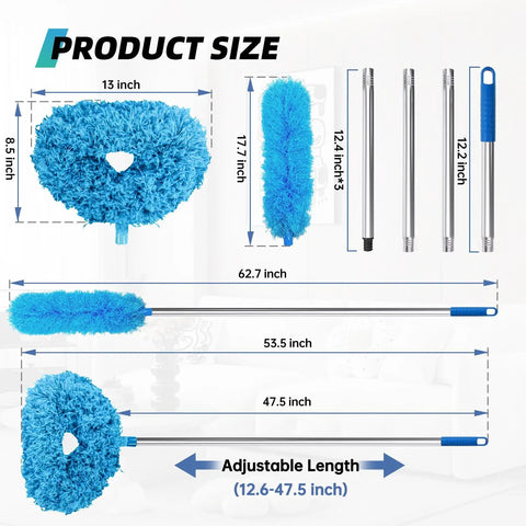 Ceiling Fan Cleaner Duster Set With Extension Pole 13 To 48 Inch, 2 Pack Reusable Microfiber Dusters With Replaceable Heads, Blue product size chart