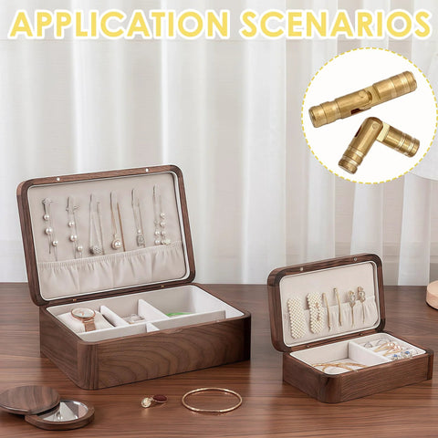 Brass Barrel Hidden Hinges Nextpal for Wooden Jewelry Boxes and Keepsake Cases 20mm and 25mm Set of 32 Pieces Built To Last Durable Concealed Cylinder Hinges shown applied to wooden boxes.