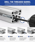 Drilling threaded barrel into aluminum profile with heavy duty T slot connectors for aluminum extrusion 40 mm framing hardware.