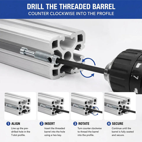 Drilling threaded barrel into aluminum profile with heavy duty T slot connectors for aluminum extrusion 40 mm framing hardware.