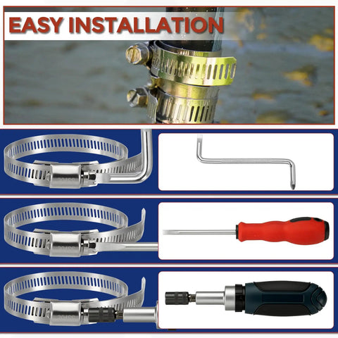 Heavy Duty Stainless Steel Hose Clamp Strap With Six Quick Grip Fasteners For Zero Hassle Adjustments and Rock Tight Pipe Seals that make every DIY job a no sweat experience, easy installation tools shown.