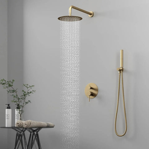 Fresh Gold Shower System Featuring A 10 Inch Rain Showerhead And 2 In 1 Handheld Sprayer, Wall Mounted Bathroom Faucet Kit With High Pressure Flow And Tough Brass Build For A Sweet Home Makeover