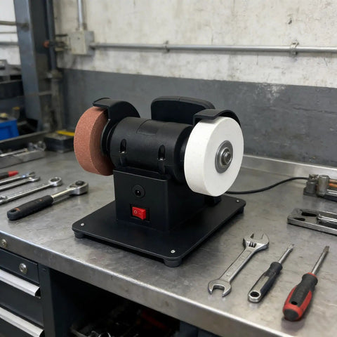 Heavy Duty Bench Grinder With Debris Guard And Anti Slip Base For 18V Lithium Batteries stable operation, compact design on workshop bench.