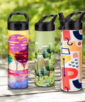 Three decorative tumblers from Eight Pack 20oz Dope Sublimation Tumbler Set with vibrant designs and black straw lids on a wooden surface.