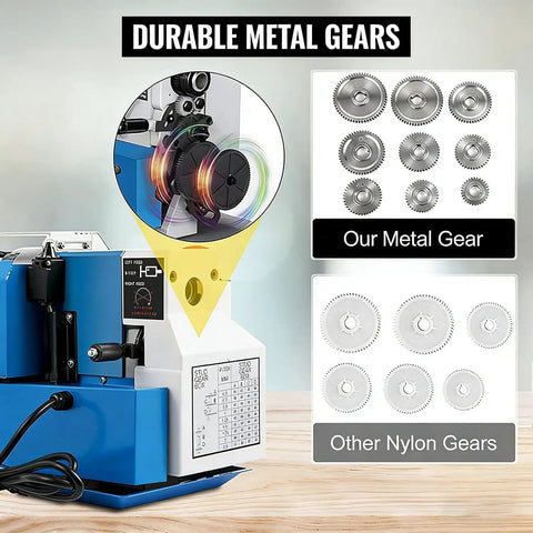 7 Inch Benchtop Metal Lathe Machine With 550W Motor And Up To 2250 Rpm Speed showing durable metal gears comparison with nylon gears.