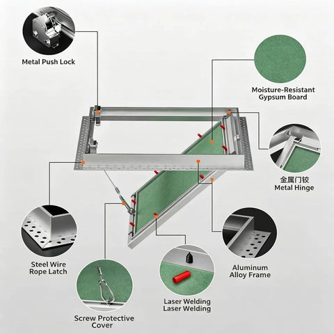 Rock Solid Aluminum Drywall Access Panel With Paintable Push Latch Cover For Ceilings showing metal frame, hinges, and moisture-resistant gypsum board.