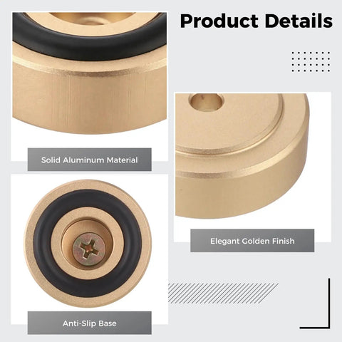 Close-up of Set Of 8 Aluminum Cutting Board Feet With Gold Tray Risers, anti-slip silicone base and elegant golden finish.