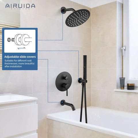 Three Function Rain Shower System With Handheld And Tub Spout Wall Mount Shower Combo In Matte Black 8 Inch Shower Head