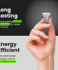 Hand holding MR16 bulb with long lasting and energy efficient text, Six Pack 4W LED MR16 GU10 Bulbs Dimmable With 35W Equivalent 3000K