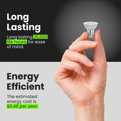 Hand holding MR16 bulb with long lasting and energy efficient text, Six Pack 4W LED MR16 GU10 Bulbs Dimmable With 35W Equivalent 3000K