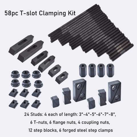 58 Piece T Slot Clamping Kit Pro Series 1/2 Inch T Slot Step Hold Down Clamps Set With 3/8-16 Studs For Milling And Machining Fixtures Heavy Duty Cast Steel Construction Space Saving Design