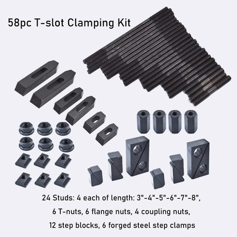 58 Piece T Slot Clamping Kit Set For Fixtures And Milling Pro Grade Step Hold Down Clamps layout with all components visible