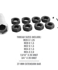 Axle Spindle Rethreading Tool Kit for Damaged Threads with Metric and SAE Chasers, nuts, socket, and wrench displayed