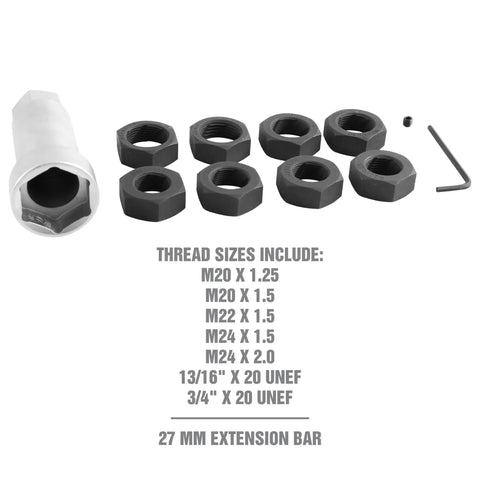 Axle Spindle Rethreading Tool Kit for Damaged Threads with Metric and SAE Chasers, nuts, socket, and wrench displayed