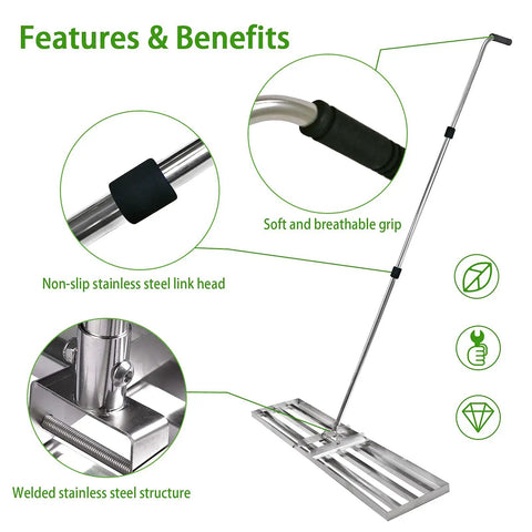 Effortless Lawn Leveler Tool For Fast Ground Leveling Stainless Steel Yard Rake With Durable Handle For Garden Back Yard Golf Lawn Long Reach 7 Ft Easy To Use, featuring stainless steel construction and soft grip handle.