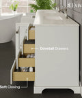 Straight Fire Premium 84 Inch Freestanding Double Sink White Bathroom Vanity With Solid Wood Build And Sleek Carrara Quartz Countertop For A Dope Contemporary Upgrade side view showing dovetail drawers and soft closing.