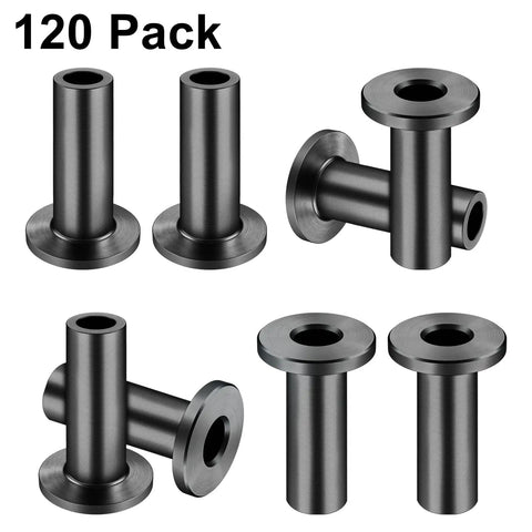 120 Pack T316 Black Stainless Steel Rugged Protector Sleeves For One Eighth Inch Cable Deck Railing Kit System On Wood Posts Protect Wire Rope From Wear And Tear For DIY Balustrade Pro Grade displayed with top and side views