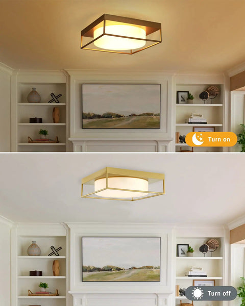 15 Inch Flush Mount Ceiling Light Fixture In Gold Finish With Opal Frosted Glass in bedroom showing dimmable feature on and off