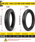 14x2.125 Tire And Tube Set 57-254 E Bike Replacement For Folding E Bikes Electric Scooters And Kids Bikes With Non Slip Grippy Tread For All Weather Traction And Puncture Resistant Design With Inner Tube Included. 14x2.125 tire and inner tube shown with 90° valve