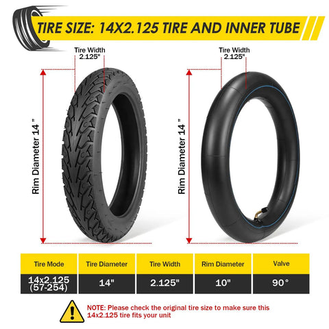 14x2.125 Tire And Tube Set 57-254 E Bike Replacement For Folding E Bikes Electric Scooters And Kids Bikes With Non Slip Grippy Tread For All Weather Traction And Puncture Resistant Design With Inner Tube Included. 14x2.125 tire and inner tube shown with 90° valve