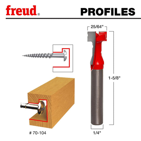 Freud 25/64 Inch Key Hole Router Bit With Perma-Shield Red Coating, Pro-Grade 2-Cutter Design shown with dimensions and usage example