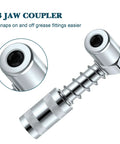 Close-up of 3 jaw coupling from 4 Piece 90 Degree Grease Gun Coupler Set With 3 Jaw Angle Fittings And Sleeves Spring Loaded Quick Connect Adapters For Auto Farm Truck And Industrial Use Leak Proof Secure Fit Heavy Duty Design