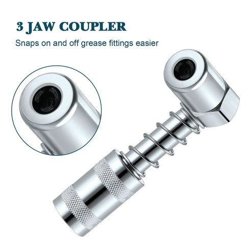 Close-up of 3 jaw coupling from 4 Piece 90 Degree Grease Gun Coupler Set With 3 Jaw Angle Fittings And Sleeves Spring Loaded Quick Connect Adapters For Auto Farm Truck And Industrial Use Leak Proof Secure Fit Heavy Duty Design