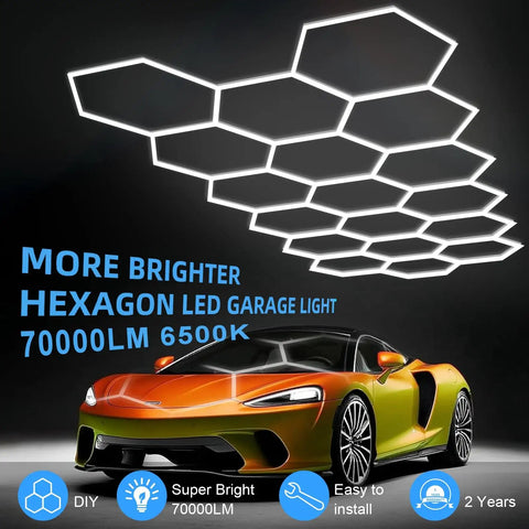 Car under Hexagon Garage Ceiling Lights 18-Grid LED Panel, 72 Pack Ultra Bright 70,000 Lumens, 6500K Natural White installed.
