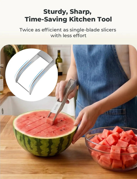 Person using Watermelon Cutter With Retractable Fork 2 In 1 Stainless Steel Fruit Slicer Melon Cutter Tool for easy cubes