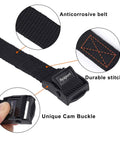 Close-up of Workhorse Cam Buckle Tie Down Straps With Adjustable Cinch, 0.75 Inch Wide By 48 Inch Long, Black, showing anticorrosive belt, durable stitching, and cam buckle.