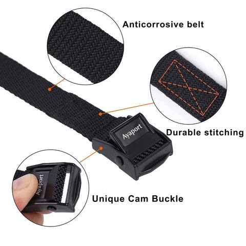 Close-up of Workhorse Cam Buckle Tie Down Straps With Adjustable Cinch, 0.75 Inch Wide By 48 Inch Long, Black, showing anticorrosive belt, durable stitching, and cam buckle.