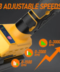Close-up of Awesome Cordless Metal Nibbler showing 3 adjustable speeds for 0-3000 RPM use with DeWalt 20V battery.