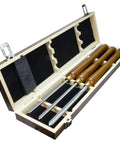 Heavy Hitter M2 HSS Bowl Gouge 3 Pack Side Grind Wood Lathe Turning Chisels in a wooden storage box.