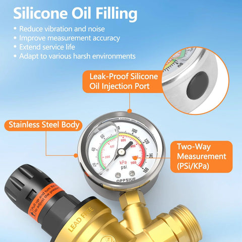 RV water pressure regulator with colorful gauge, brass body, hand-adjust knob, inlet screen filter, NH-thread