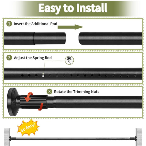 Easy installation steps for Extra Long Adjustable Curtain Rod No Drilling For Windows, Patio, Or Bathroom Outdoor Use.