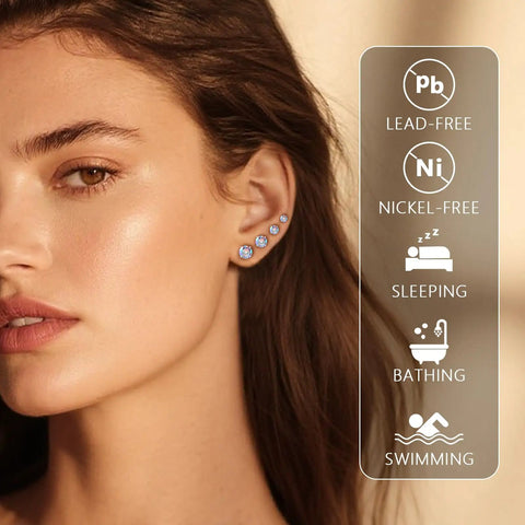 Legit Hella Comfortable Titanium Flat Back Screw On Stud Earrings For Men And Women, nickel-free, worn in ear, cz stones visible.