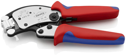 Self Adjusting Crimping Pliers With 360 Degree Rotating Head Eight Lock Positions Auto End Sleeve Crimping Square Crimp For Ferrules Durable Pro Wire Terminal Tool For Precise DIY And Professional Use tool with red and blue handles on white background.