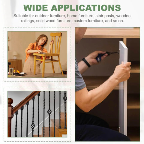 Collage showing applications of M8 Hanger Bolts Set For Wood, 3 Inch Length, Double Ended Self Tapping Bolts in furniture assembly.