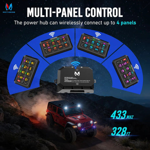 Image showing Eight-Gang Wireless Car Switch Panel for P1S-W with 328 Ft 433MHz Remote Range and sync capability, over a night landscape with a jeep.