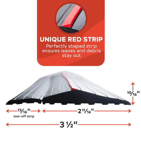 Cross-section of 20 Foot PVC Rubber Garage Threshold Seal With Raised Edge And Red Safety Strip Keeps Water And Debris Out