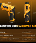 Heavy Duty 4V Cordless Electric Screwdriver Set Featuring 46 Precision Driver Bits In A Slick Carrying Case With Adjustable Torque And All Day Battery Juice For No Fuss Diy And Home Upgrades, showing size details and specifications.