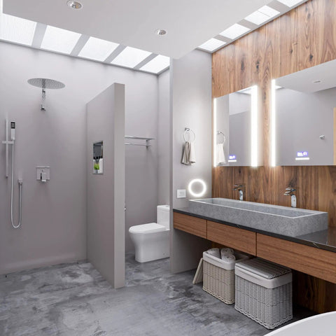 Modern bathroom with 16 Inch Solid Round Ultra Thin Rain Shower Head in Polished Stainless Steel With Swivel Adapter showcased.