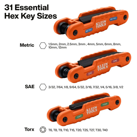 Pro Level Folding Hex Key Set Sporting Extended Blades Loaded With 31 Metric Sae Allen Wrenches And Torx Drivers, displayed in organized format.