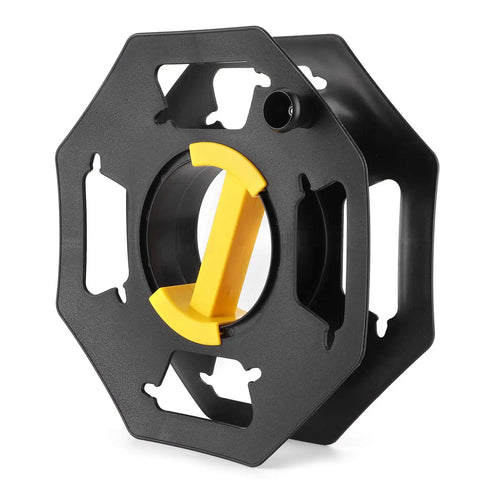 Black and yellow cable tidy reel for 25m cables, camping electric hook up wire storage, home cord organizer wheel, heavy duty cable management