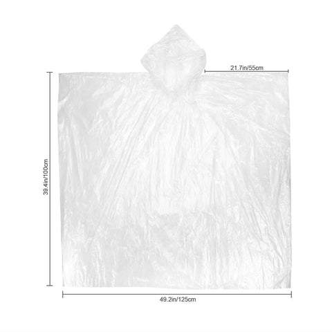 Disposable Rain Ponchos For Adults Six Pack With Drawstring Hood Lightweight And Fifty Percent Thicker Material Emergency Clear Ponchos For Sudden Downpours Grab And Go Travel Outdoor Events, dimensions shown