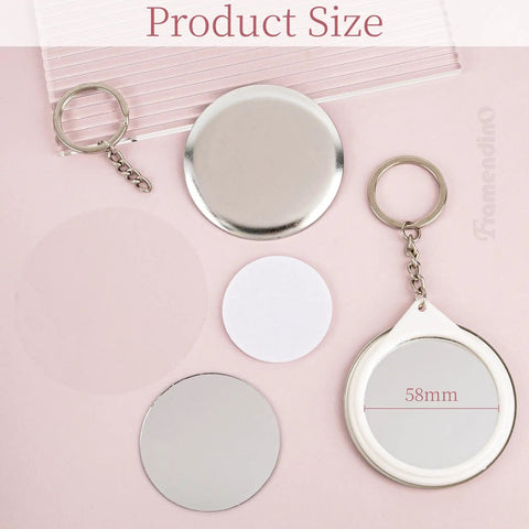 Metal Button Supplies Kit With 50 Sets 58mm 2.28 Inch Mirror And Pin Making Kit parts displayed on pink background