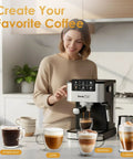 Quick Draw Espresso Machine With On Deck Milk Frother, 20 Bar Pump For Rich Pulls, Fires Up In Thirty Seconds Flat, Tailored For Morning Crews Craving Barista Grade Sips Without Waiting In Line with user making coffee.