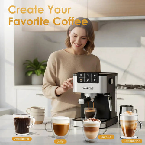 Quick Draw Espresso Machine With On Deck Milk Frother, 20 Bar Pump For Rich Pulls, Fires Up In Thirty Seconds Flat, Tailored For Morning Crews Craving Barista Grade Sips Without Waiting In Line with user making coffee.