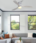 Super Quiet 52 Inch Ceiling Fan With Lights And Remote in modern living room, wood design with three walnut blades, flush mount.